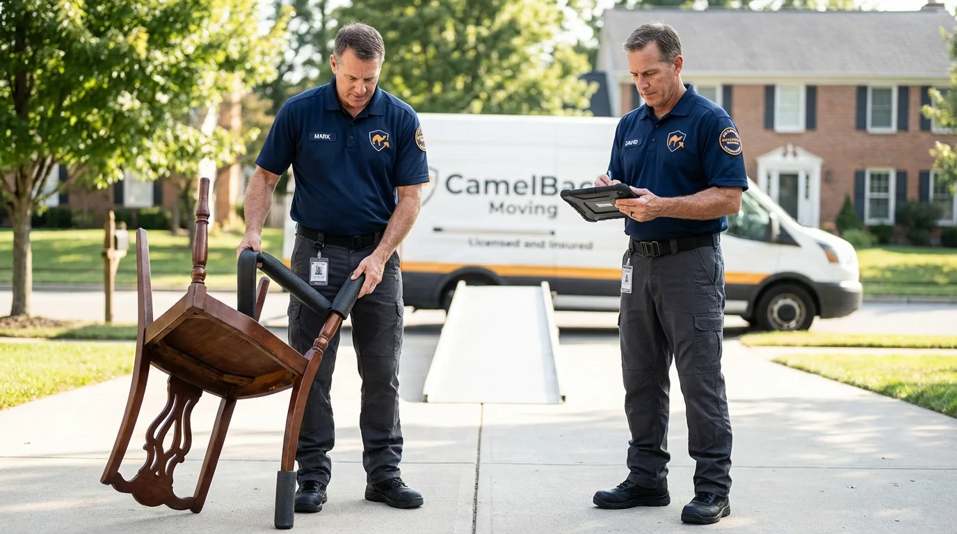 Movers inspecting furniture for damage prevention before loading in Snohomish, WA