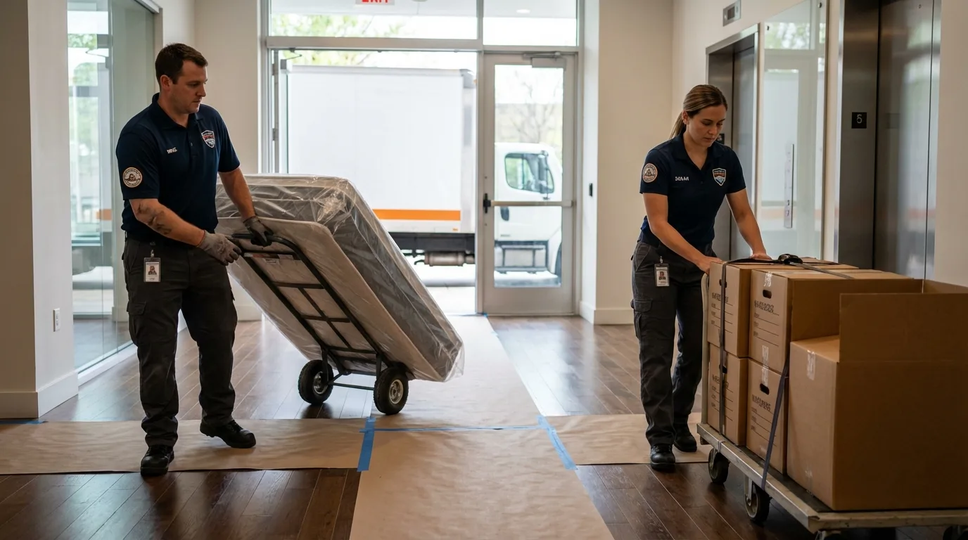 Professional apartment movers loading elevator in Snohomish, WA